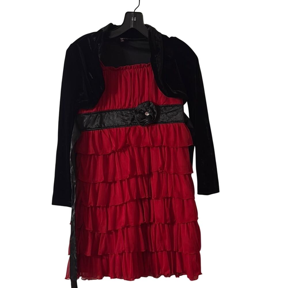 My Michelle Red Ruffled Tiered Dress with Velvet Jacket. 1 PC Girls Size 14 - Picture 2 of 6
